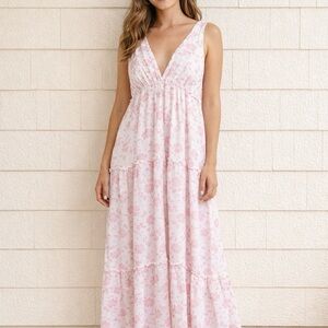 Salty Lemon Women Sz M Pink Floral Rayon Deep V Maxi Dress Boho Resortwear NEW